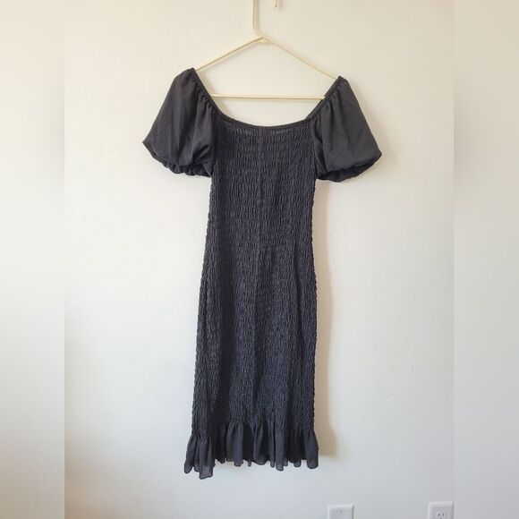 Trixxi Black Smocked Ruched Midi Dress Puff Sleeves Ruffle Vamp Witch Whimsigoth - Picture 11 of 12